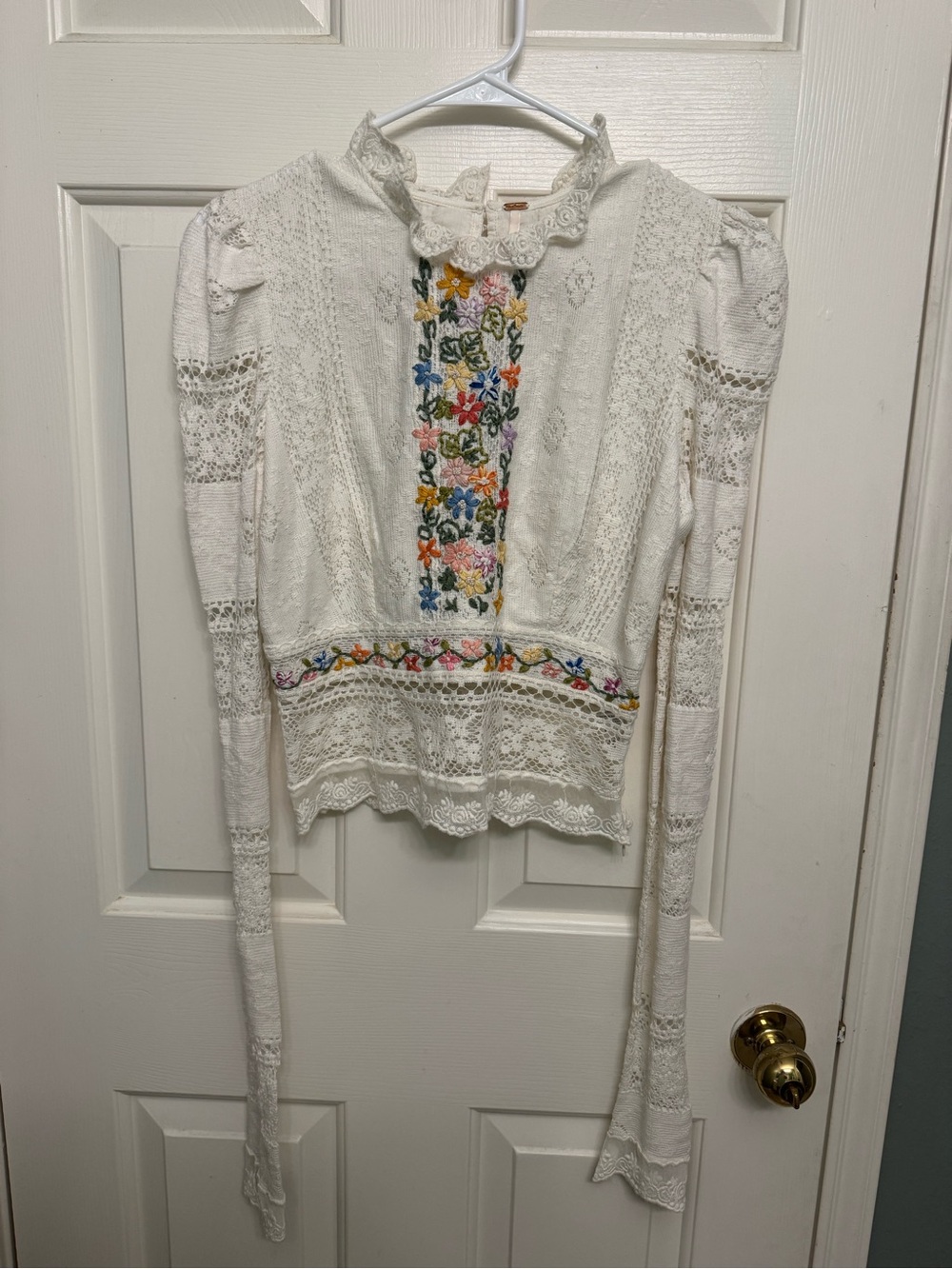 Free People Cream Lace Blouse with Multicolor Floral Embroidery